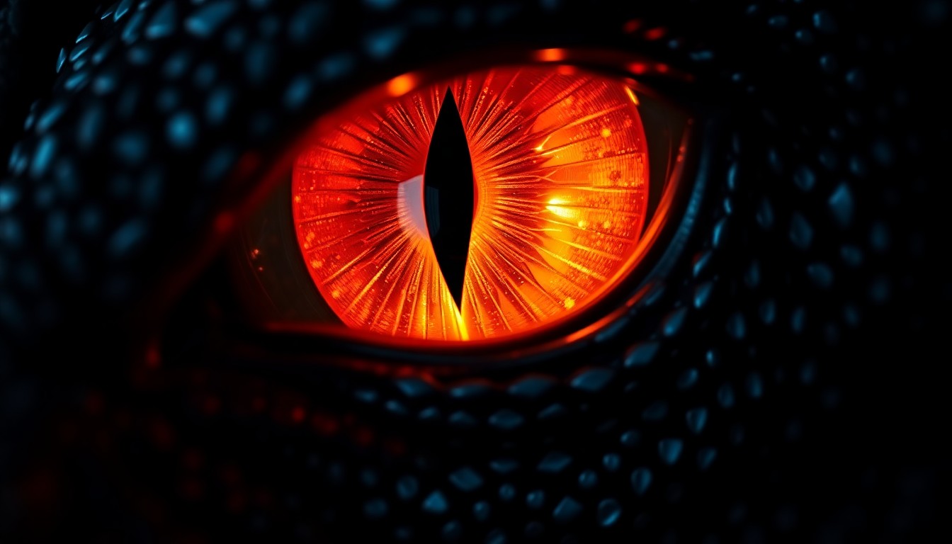 An extreme close-up photograph of a dragon's eye, with the iris and pupil filling the frame in dramatic, high-contrast lighting that creates a sense of power and intensity.
