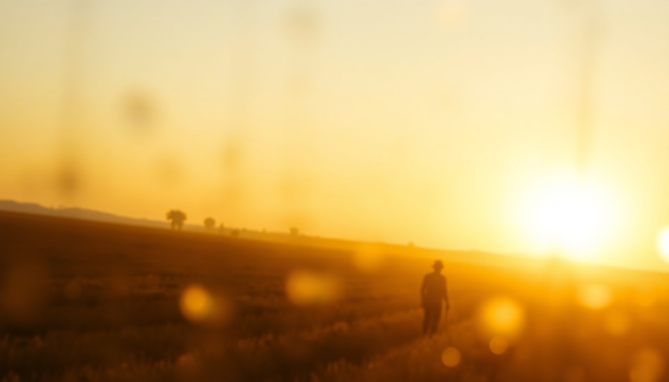 An impressionistic, out-of-focus photograph in soft, warm tones depicting the silhouette of a farmer working in a field under a glowing sunset sky, conceptually representing the life and legacy of Hendrix Wheeler.
