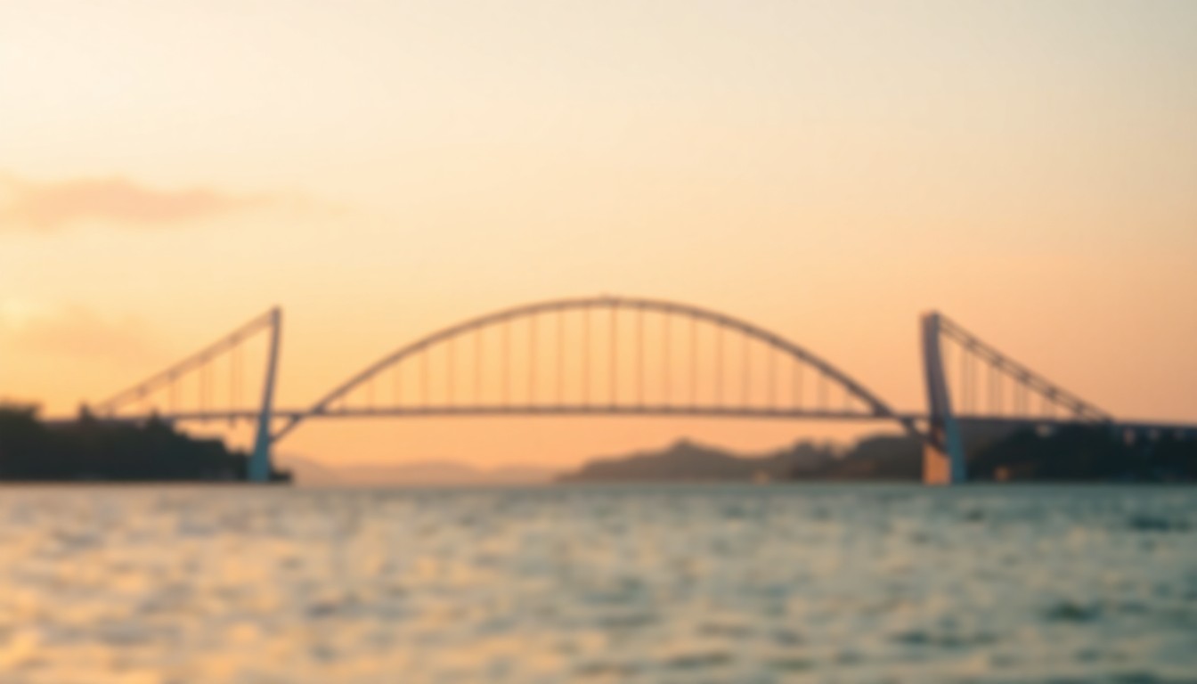 An extremely abstracted, out-of-focus photograph of the Skyway Bridge's arched structure reflected in the water below, composed entirely of soft, warm pools of light and color.