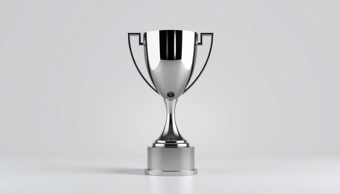 A high-end, photorealistic studio still-life photograph featuring a polished metal trophy or award on a clean, monochromatic background, representing the competitive nature of the 10 Fund Competition.