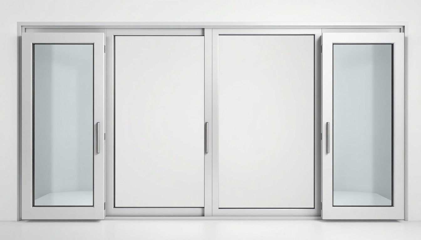 A high-end, photorealistic studio still-life photograph featuring a set of premium, polished aluminum window frames and sliding glass door handles in a clean, monochromatic grey color scheme, representing the durable, energy-efficient, and storm-resistant home upgrades offered by Reece Windows.