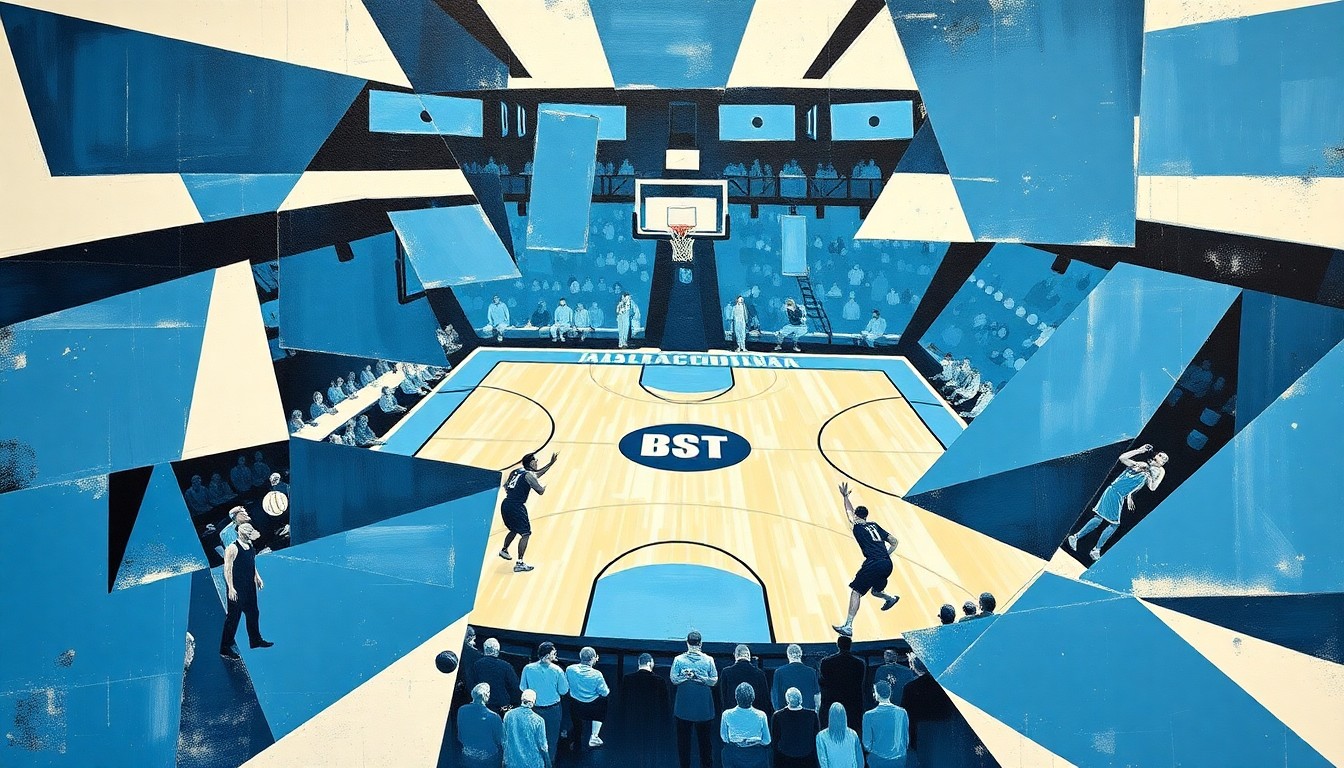 A fragmented, cubist-style painting depicting a basketball game or match, with sharp geometric planes in shades of blue, white, and black representing the dynamic action and shifting perspectives of the sport.