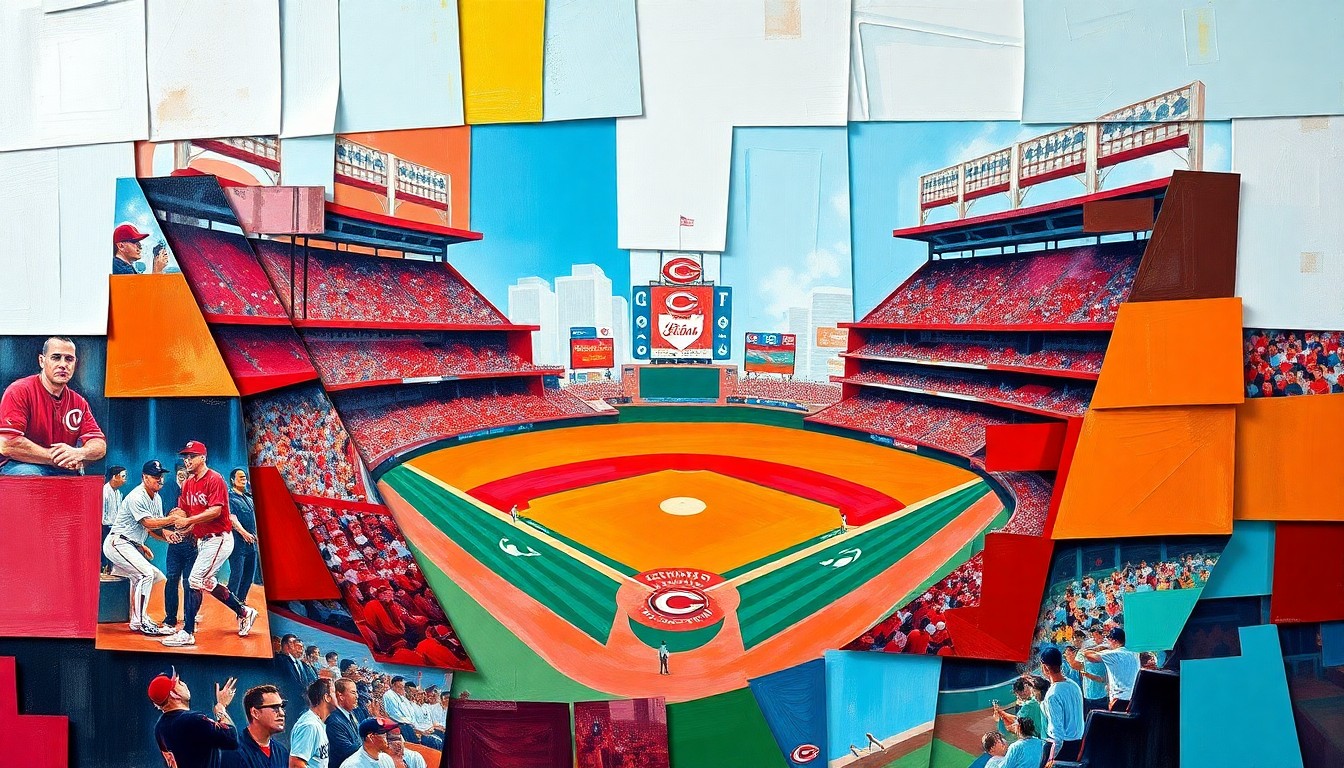 A cubist, geometric painting depicting a baseball game in progress, with the players and field fragmented into sharp, overlapping shapes in a vibrant color palette.