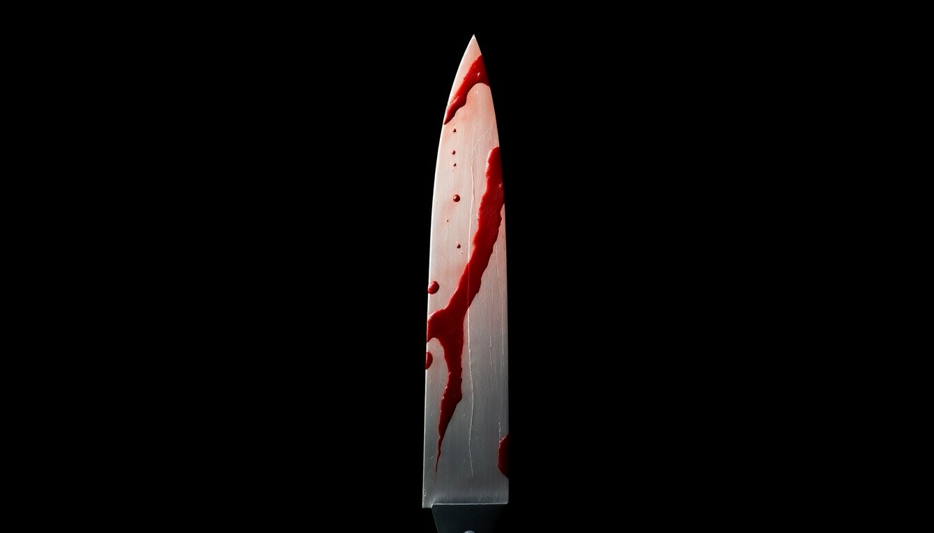An extreme close-up of a single bloody knife blade against a pitch-black background, creating a stark, gritty, investigative aesthetic through the use of harsh flash lighting.