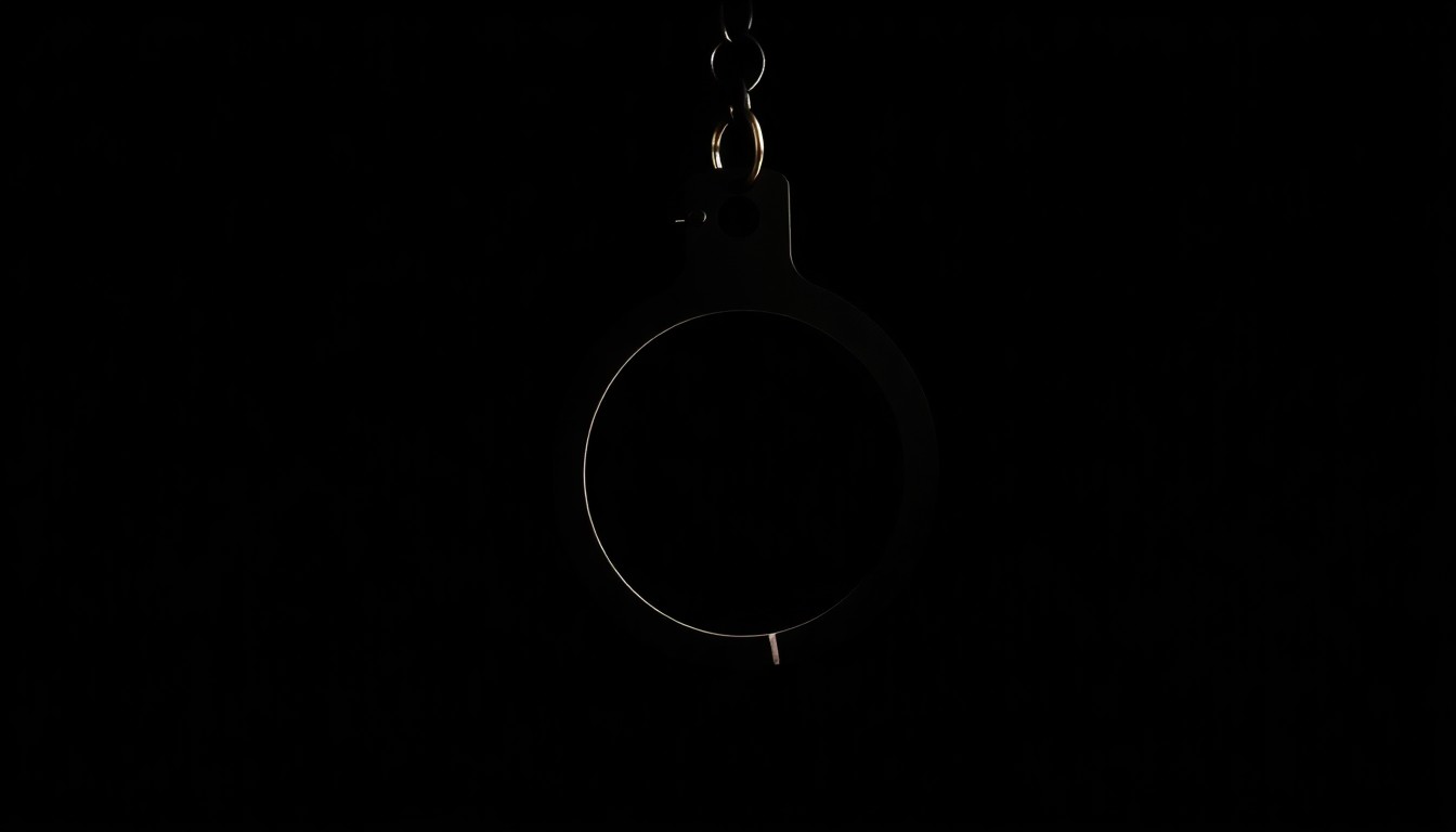 An extreme close-up photograph of a single handcuff against a pitch-black background, lit by a harsh, direct camera flash, conceptually representing the serious nature of child exploitation crimes.