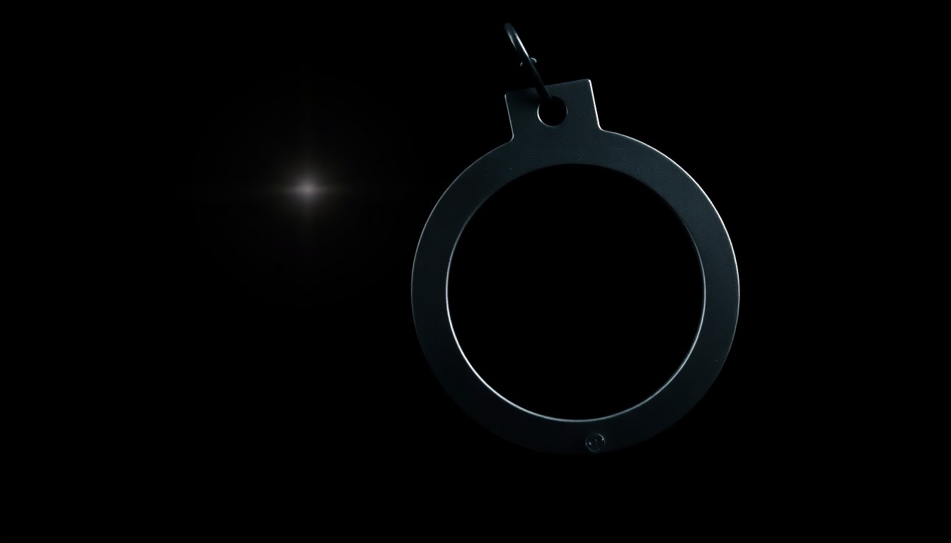 An extreme close-up photograph of a police badge or handcuffs, lit by a harsh, direct camera flash against a pitch-black background, creating a stark, gritty, investigative aesthetic.