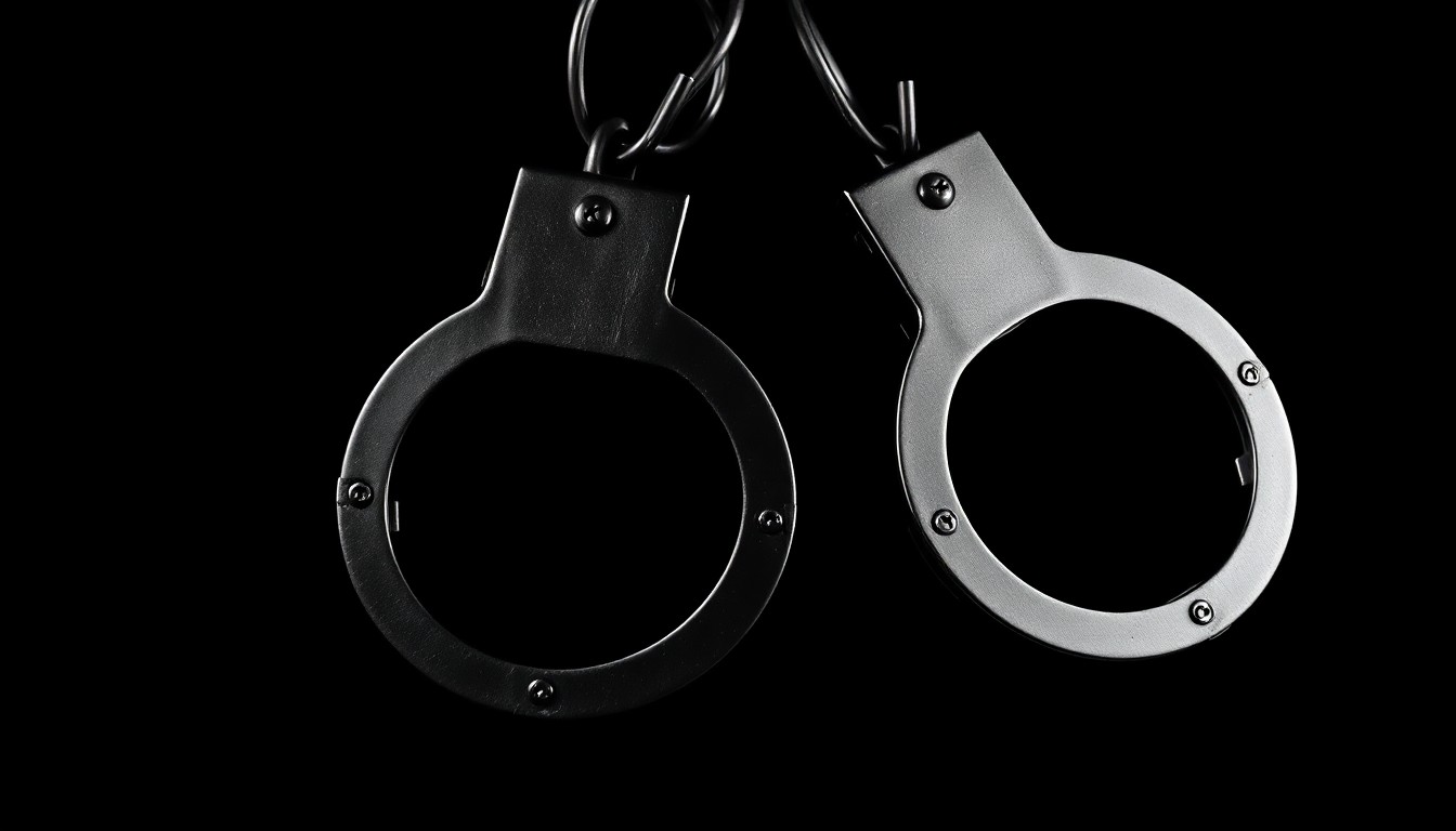 An extreme close-up photograph of a pair of handcuffs against a pitch-black background, creating a stark, gritty, investigative aesthetic through the use of harsh, direct lighting.
