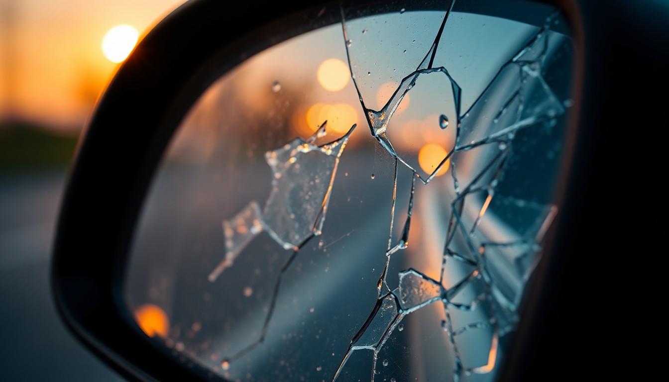 An extreme close-up photograph of a jagged, reflective car side mirror shard, conveying the aftermath and evidence of a hit-and-run accident.