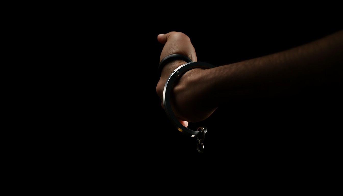 An extreme close-up of a handcuffed wrist against a dark background, capturing the harsh, investigative nature of this crime story.