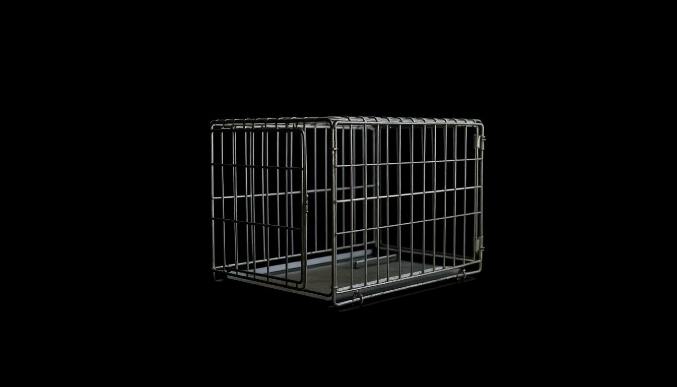 An extreme close-up photograph of a small, metal dog crate against a pitch-black background, lit by a harsh, direct camera flash. The crate is slightly dented and scratched, conveying a sense of abandonment and neglect.
