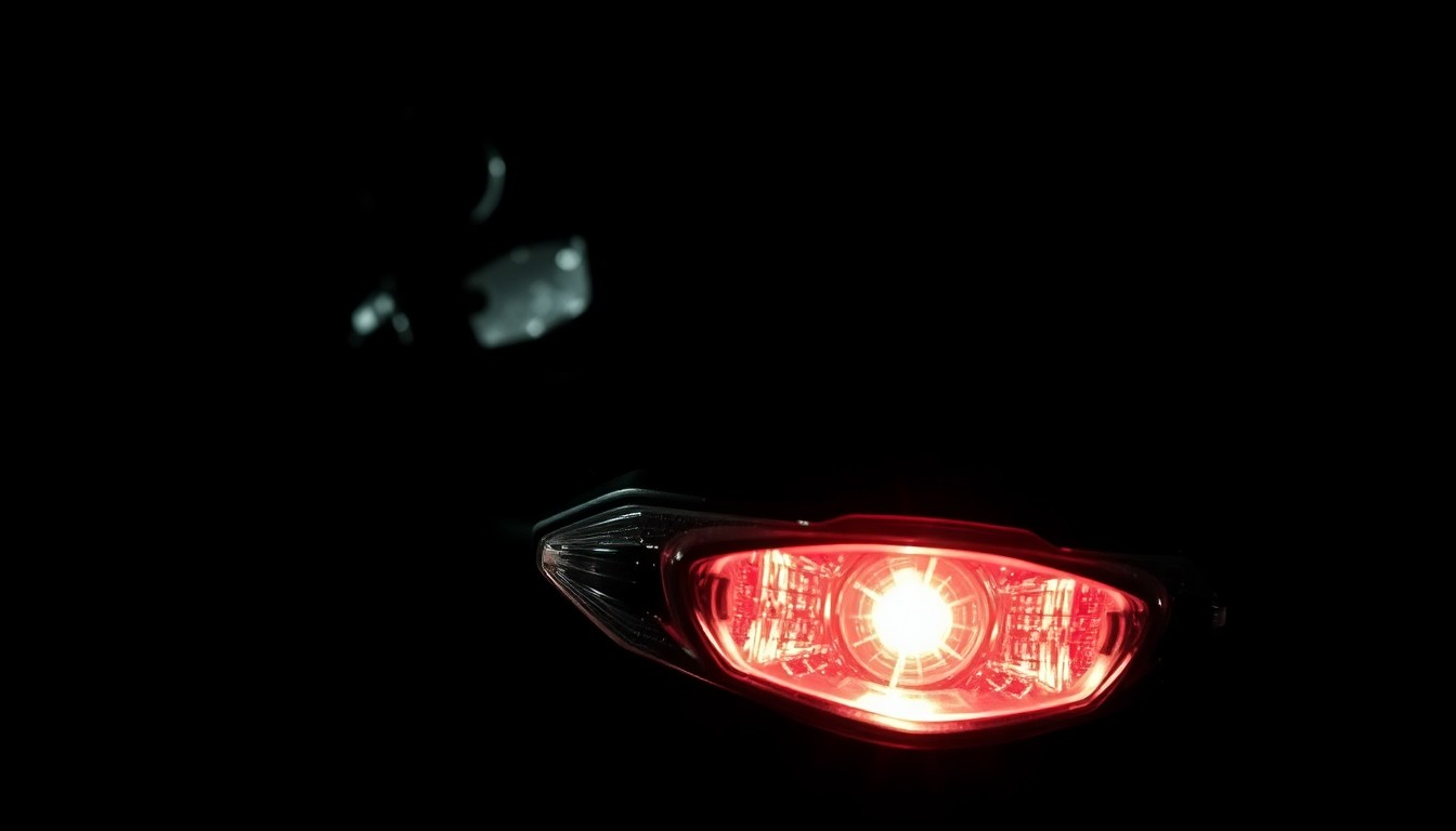 An extreme close-up photograph of a cracked motorcycle taillight, capturing the harsh, gritty details of the damaged part in stark contrast against a pitch-black background, conceptually representing the aftermath of a serious motorcycle accident.