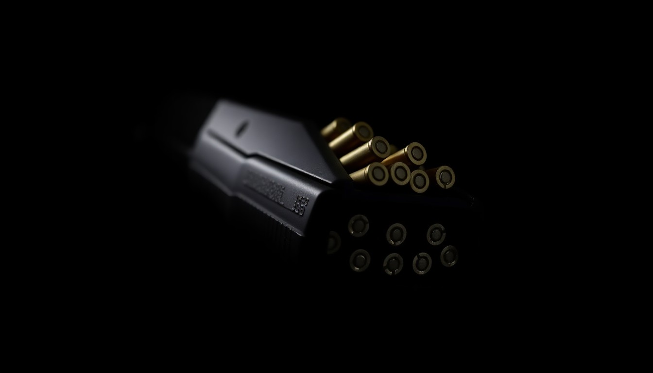 An extreme close-up photograph of a handgun magazine loaded with ammunition, lit by a harsh, direct camera flash against a pitch-black background, conceptually illustrating the dangerous evidence seized during a recent arrest in Verona.