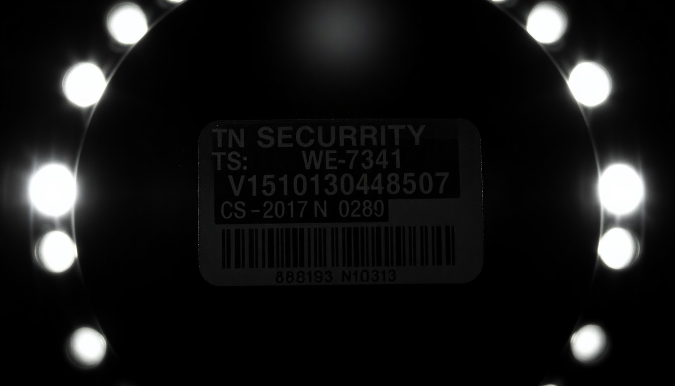 An extreme close-up of a security tag from a consumer electronics product, with the harsh lighting and dramatic shadows creating a gritty, investigative aesthetic that conceptually represents the crime of retail theft.