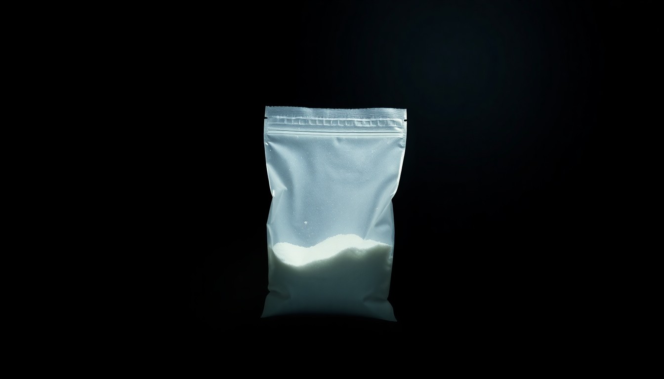 An extreme close-up photograph of a small plastic bag containing white powder, lit by a harsh direct camera flash against a pitch-black background, conceptually representing the discovery of illegal narcotics during a police investigation.