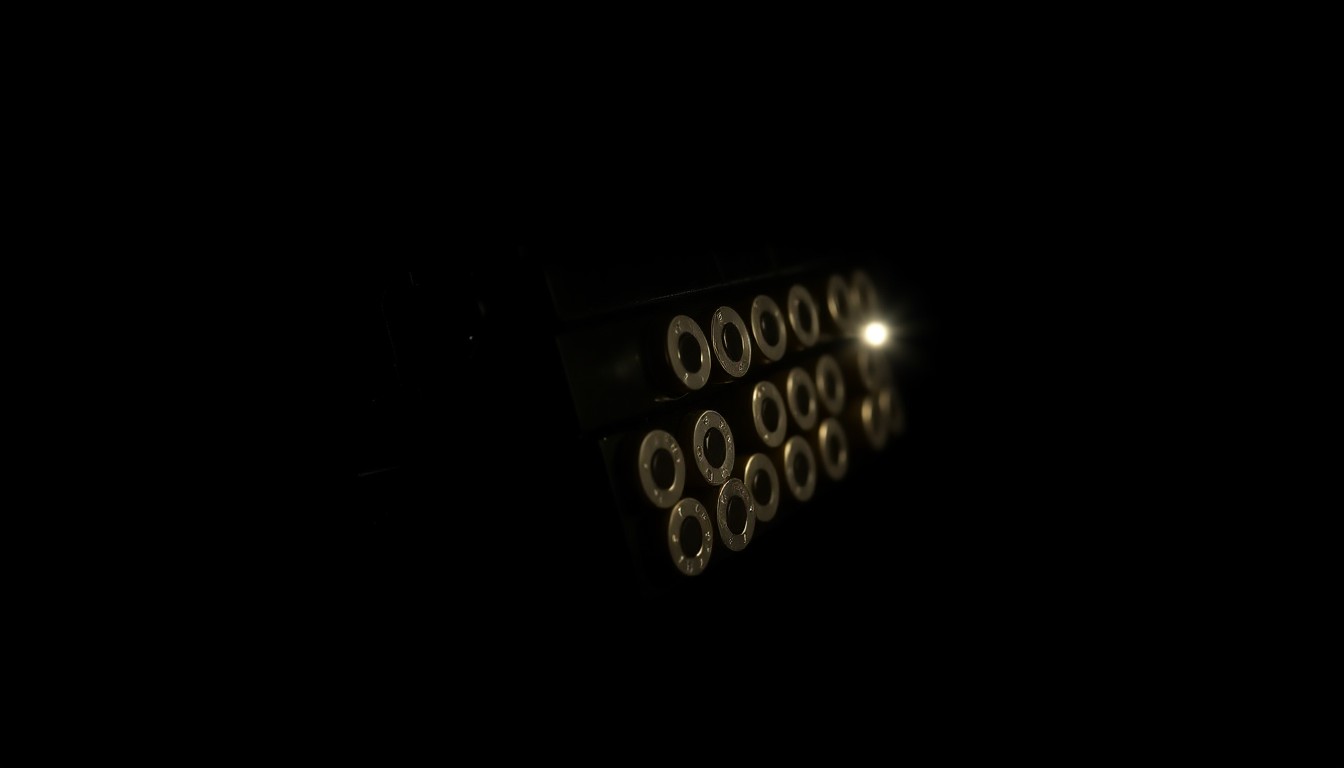 An extreme close-up photograph of a handgun magazine loaded with ammunition, the metallic surfaces and textures dramatically illuminated by a harsh, direct camera flash against a pitch-black background, conceptually illustrating the serious nature of the firearms violation uncovered during the traffic stop.