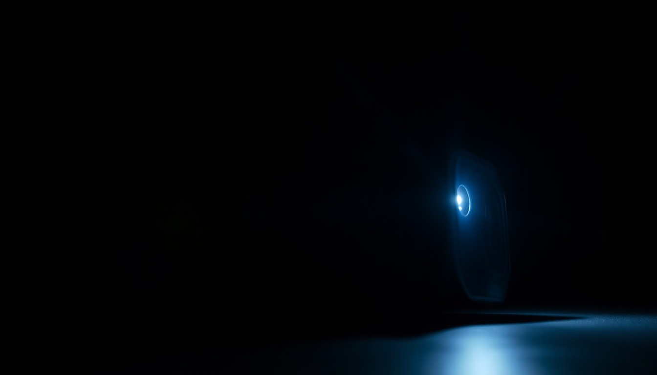 An extreme close-up photograph of a police radio or other small law enforcement equipment, lit by a harsh, direct camera flash against a pitch-black background, creating a stark, gritty, investigative aesthetic that conceptually represents the urgency of the missing person case.