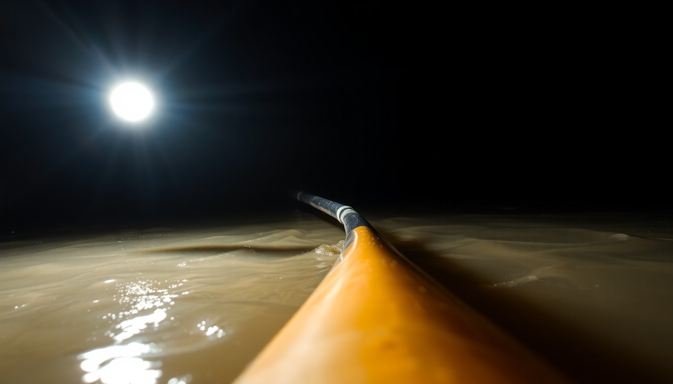 An extreme close-up of a partially submerged kayak paddle, the harsh flash illuminating the water's murky texture and creating a stark, investigative mood.