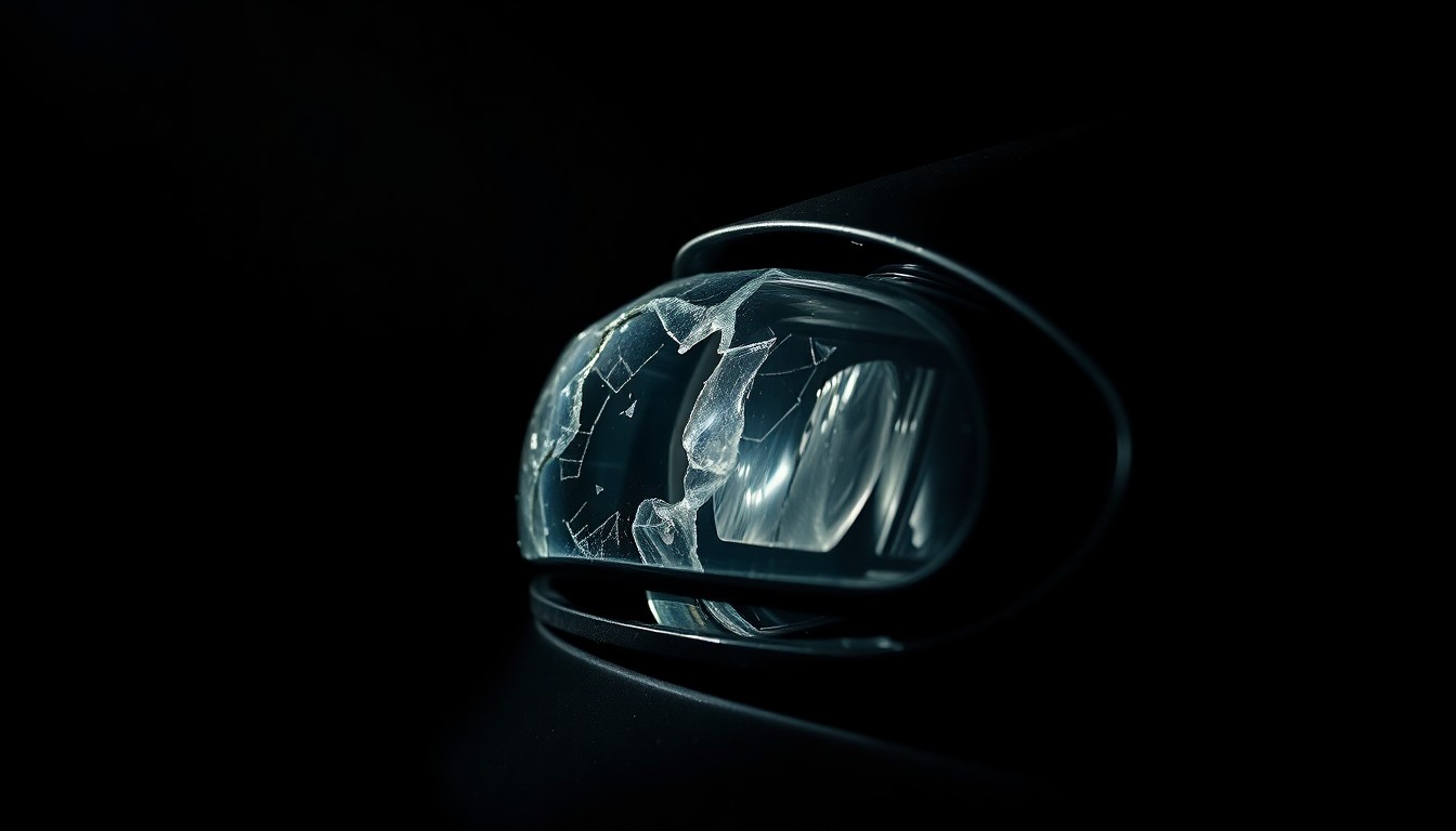An extreme close-up photograph of a damaged car part, such as a shattered side mirror or crumpled fender, lit by a harsh, direct camera flash against a pitch-black background, conceptually illustrating the aftermath of a serious traffic collision.