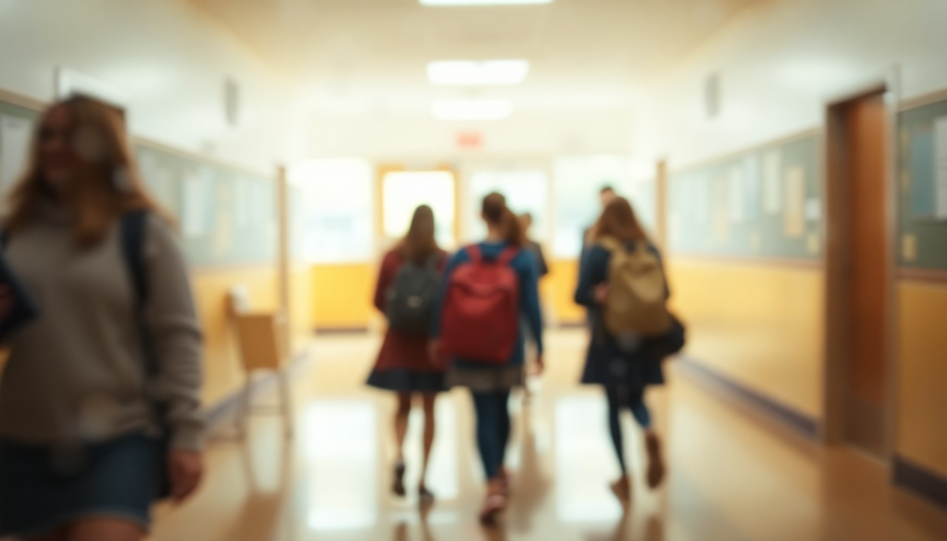 An extremely abstracted, out-of-focus photograph shot through condensation or rain-streaked glass, depicting a blurred scene of students in a school setting, with soft pools of warm color and light.