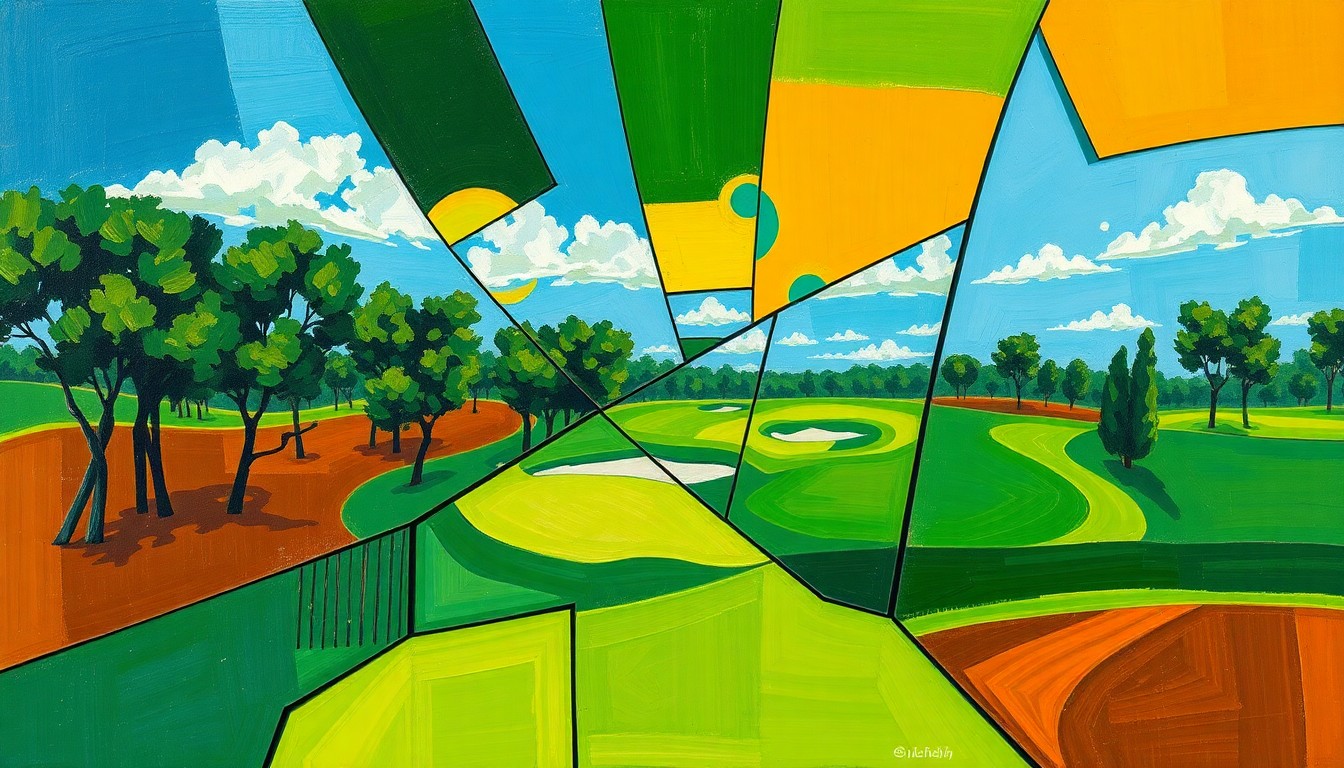 A cubist, geometric painting depicting a fragmented golf course scene with overlapping planes of green fairways, brown bunkers, and blue skies, capturing the energy and movement of the early season matches.