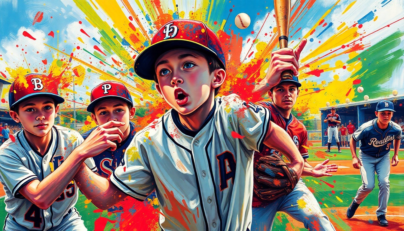 An abstract, expressionist painting in neon colors depicting the dynamic movements and energy of a high school baseball game, with players' forms dissolving into vibrant brushstrokes.