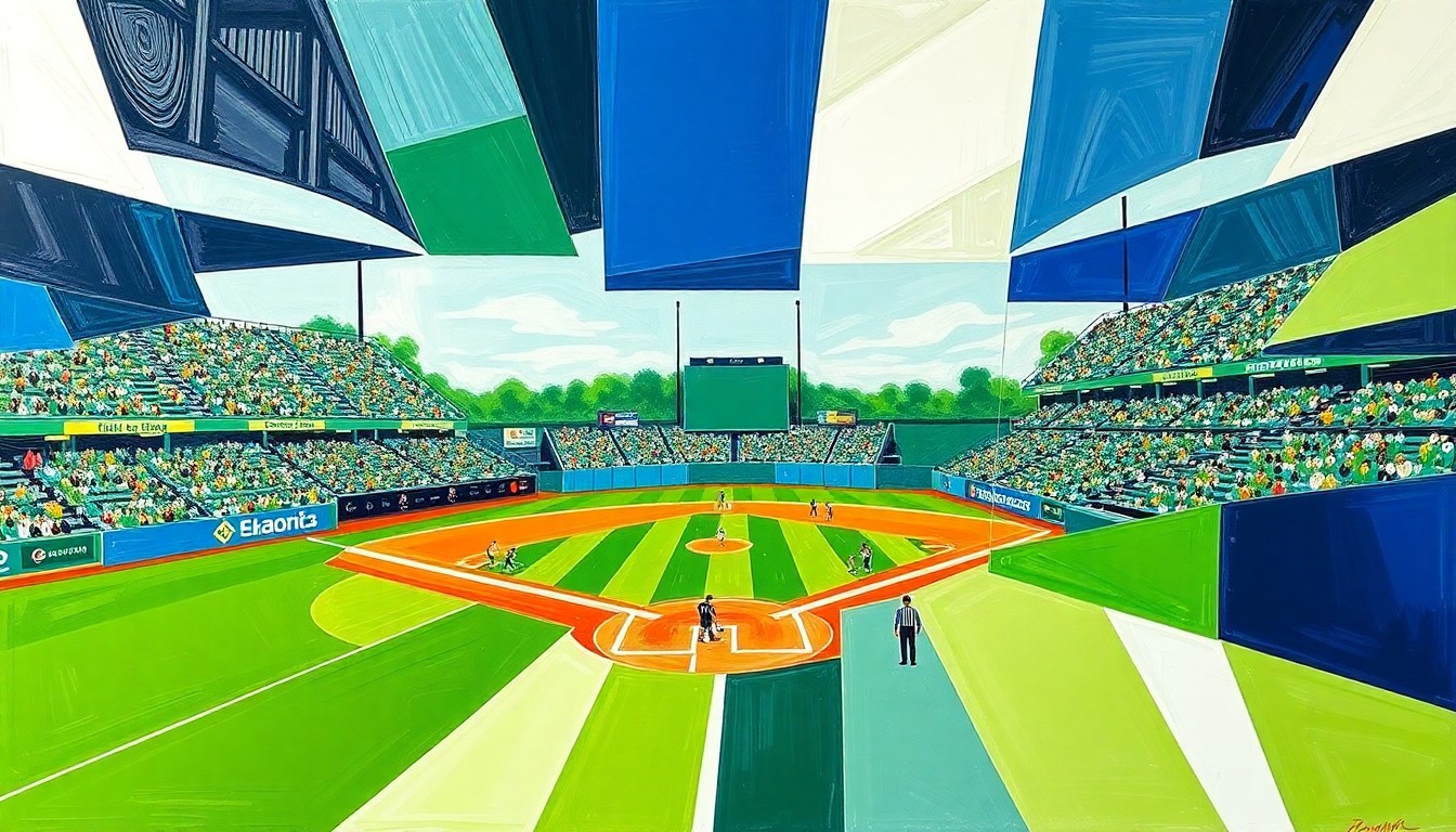 A fragmented, geometric painting in bold colors representing the dynamic action and energy of a high school baseball game.