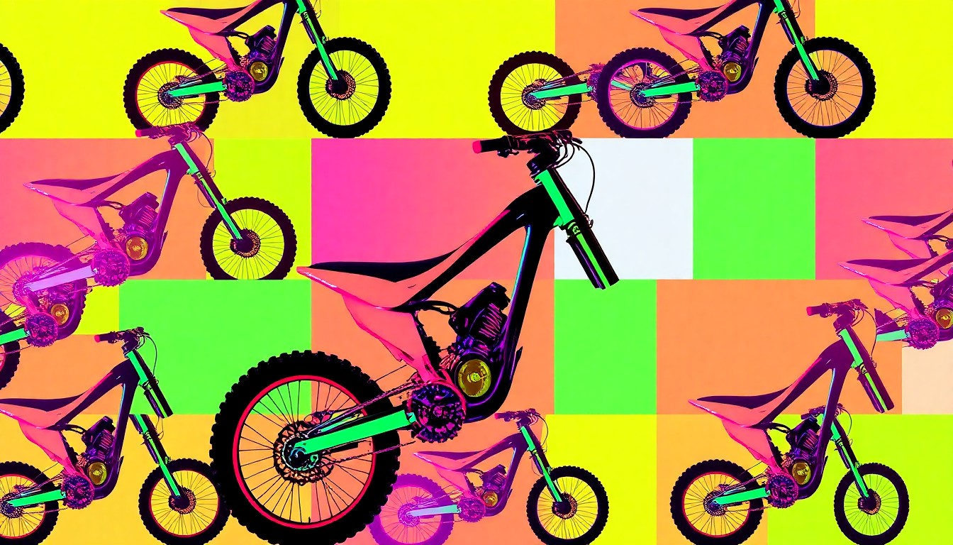 A vibrant, high-contrast silkscreen print of a mountain bike repeated in a grid, using bold neon colors and heavy black outlines to create a modern pop art representation of outdoor recreation.