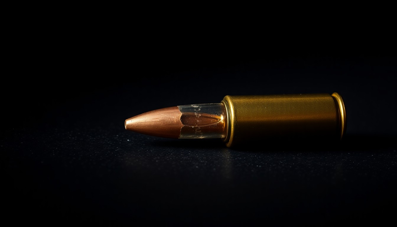 An extreme close-up of a single bullet casing on a dark, textured surface, conceptually representing the use of force by federal immigration agents in a rural area.