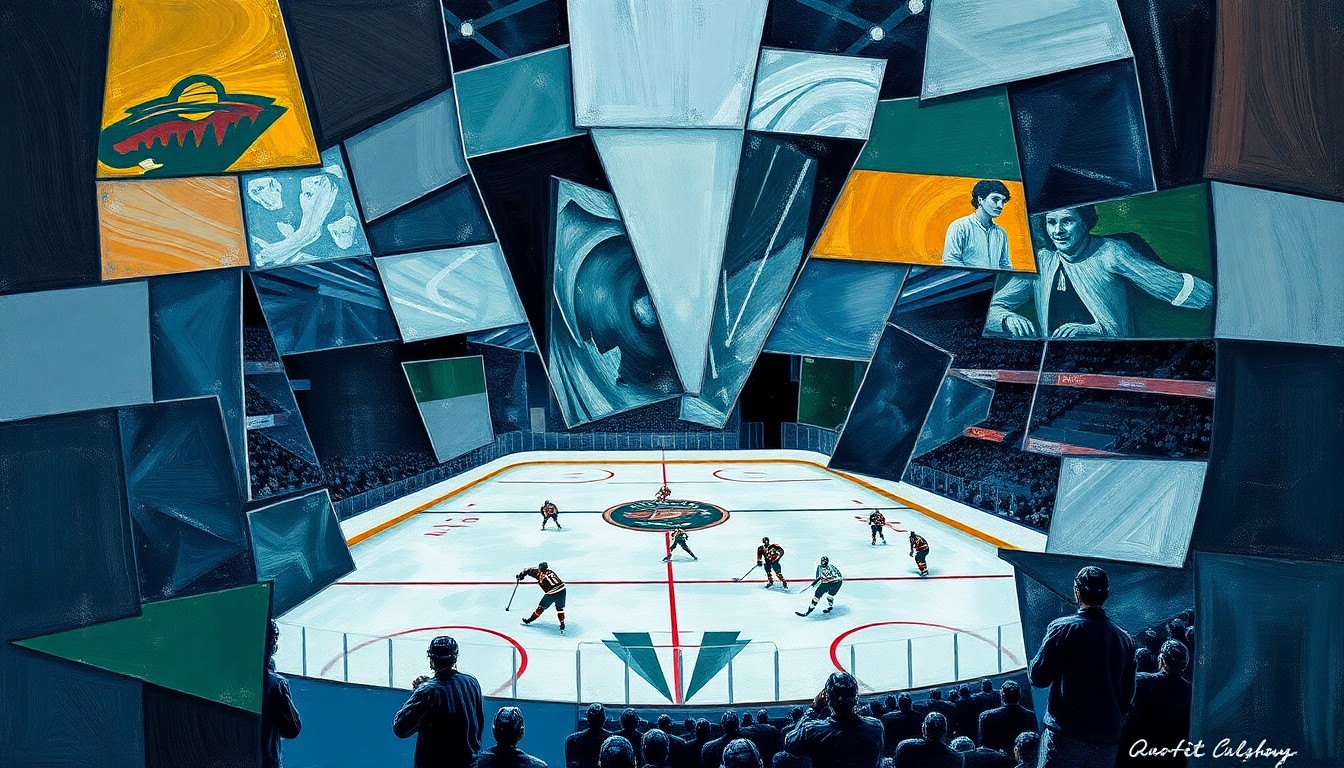 A fragmented, geometric painting depicting the action and intensity of a hockey game, with players and the rink deconstructed into sharp, overlapping planes of color and shape.
