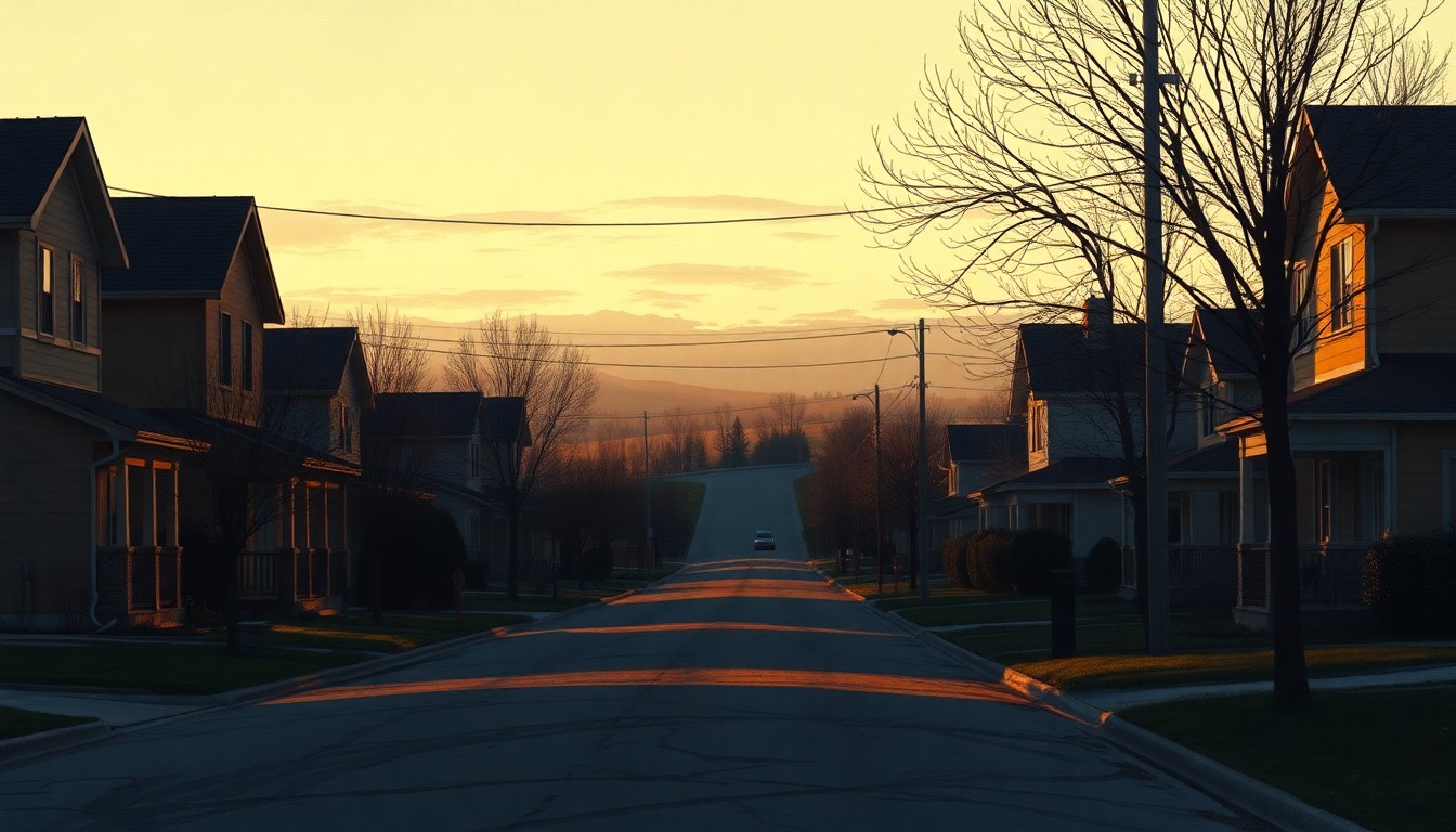 A serene, cinematic painting of a quiet suburban street in Lakewood, Colorado, with houses and trees bathed in warm, golden light and deep shadows, conveying a sense of nostalgia and the tension between development and preservation.