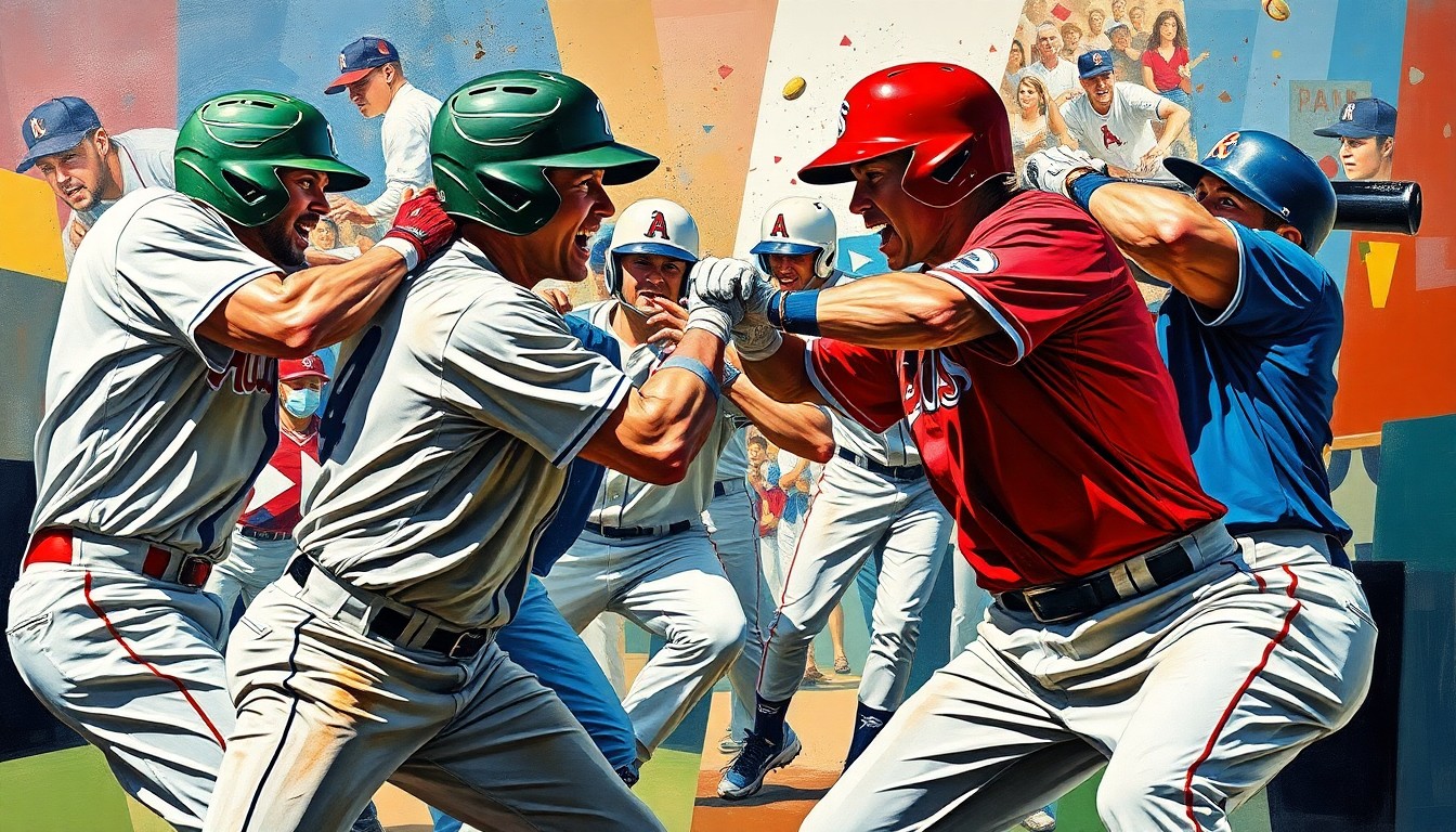 A cubist, geometric painting depicting a chaotic baseball brawl, with players' bodies and equipment fractured into sharp, overlapping planes of color, conveying the raw emotion and intensity of the moment.