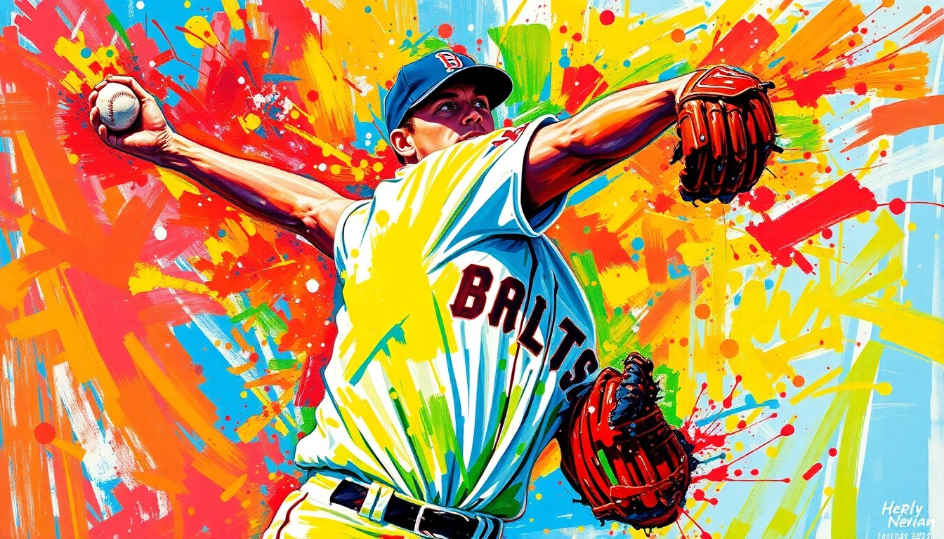 An abstract expressionist painting featuring bold, energetic brushstrokes in neon colors that capture the intense motion and energy of a baseball pitcher in the midst of delivering a pitch.