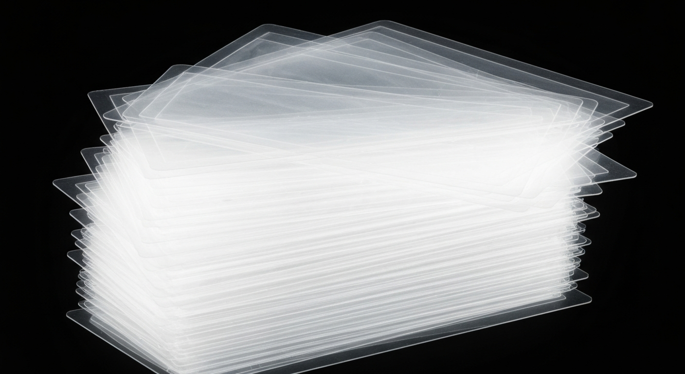 An extreme close-up X-ray photograph of a stack of sports trading cards, their internal structures and layers revealed as glowing, ghostly lines against a dark background, conceptually representing the boys' passion for their hobby and their desire to support pediatric cancer research.