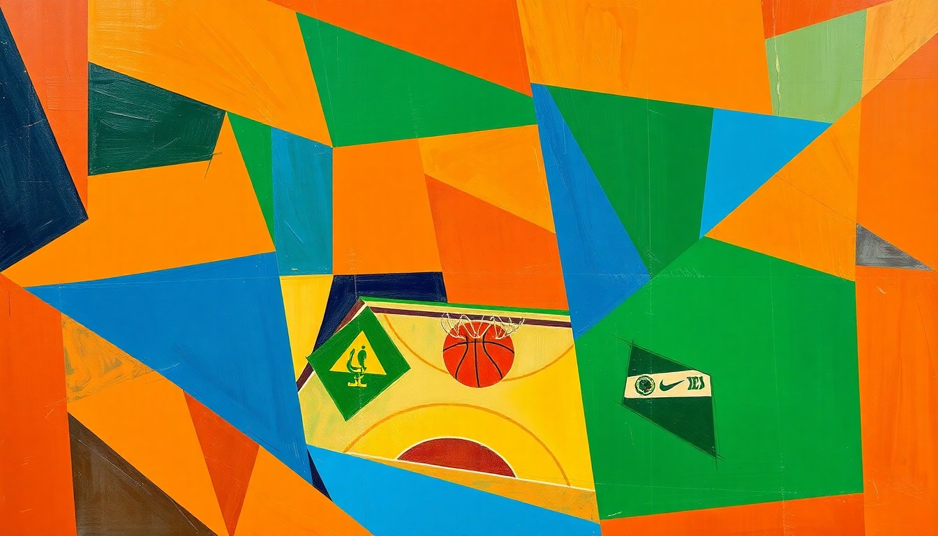 A cubist, geometric painting depicting a fragmented basketball game, with sharp planes of orange, blue, and green intersecting to create a dynamic, multi-perspective scene.