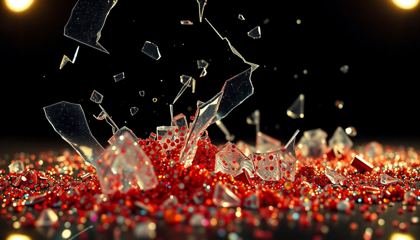 An abstract close-up photograph featuring shattered glass and glittering sequins in dramatic, high-contrast studio lighting, conveying the neo-noir and comedic tones of the film The Nice Guys.