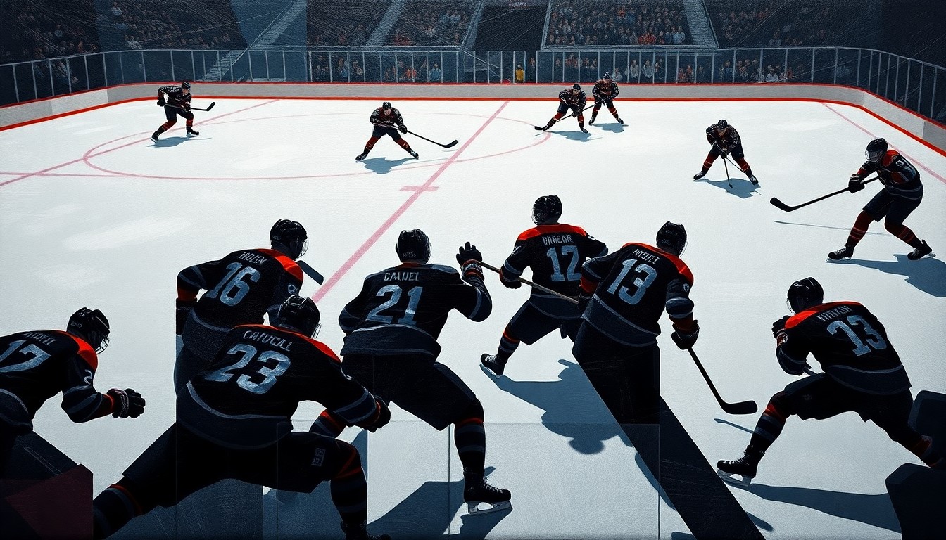 A cubist, geometric painting depicting the chaotic action of a hockey game, with sharp, overlapping planes of ice, sticks, pucks, and players' bodies in motion, rendered in a vibrant color palette.