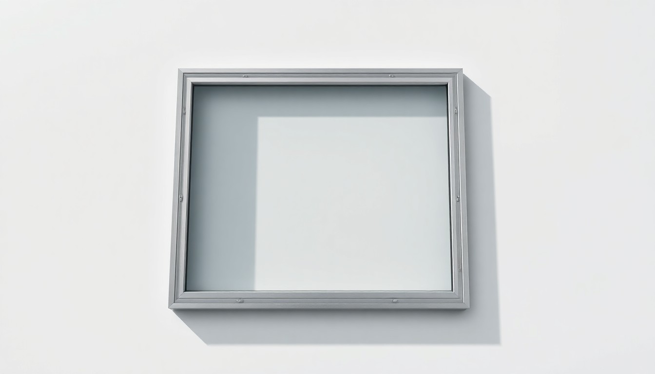 A high-end, photorealistic studio still-life photograph featuring a sleek, modern window frame made of brushed aluminum and tempered glass, resting on a clean, monochromatic background and dramatically lit to symbolize the premium quality and durability of Reece Windows' products.