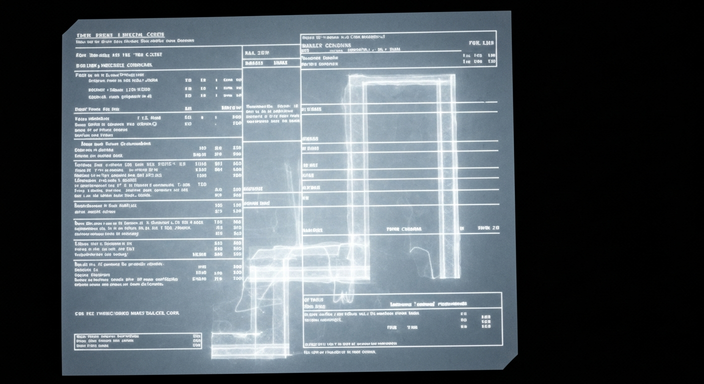An extreme close-up X-ray photograph of a crumpled medical bill, with the complex internal structures and fine print details revealed as glowing, ghostly lines against a dark background, conceptually illustrating the financial uncertainty and stress caused by surprise medical costs.