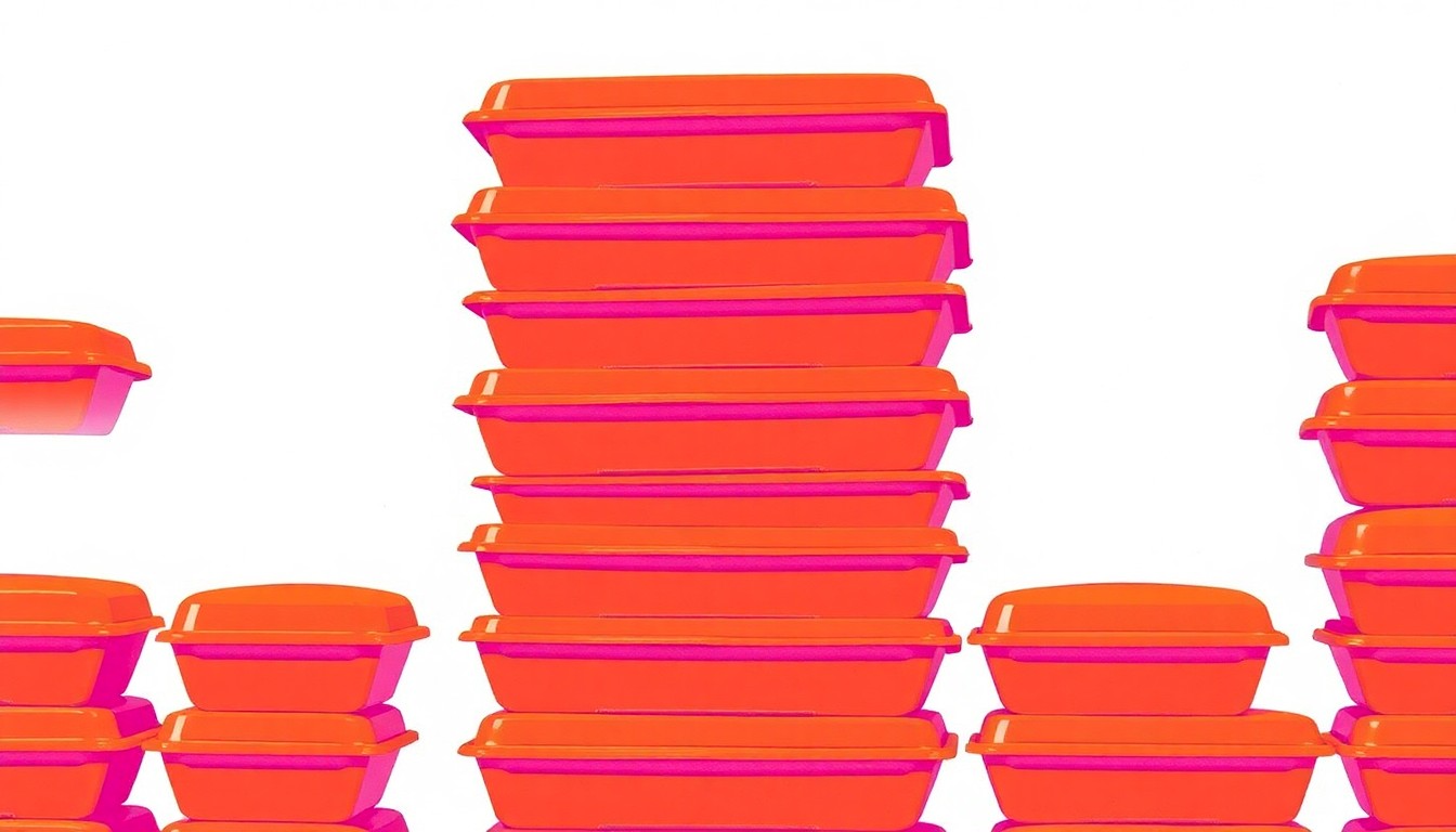 A bold, colorful silkscreen print of stacked takeout containers in a repeating grid pattern, conceptually representing the free meal distribution program for Atlanta's trans community.