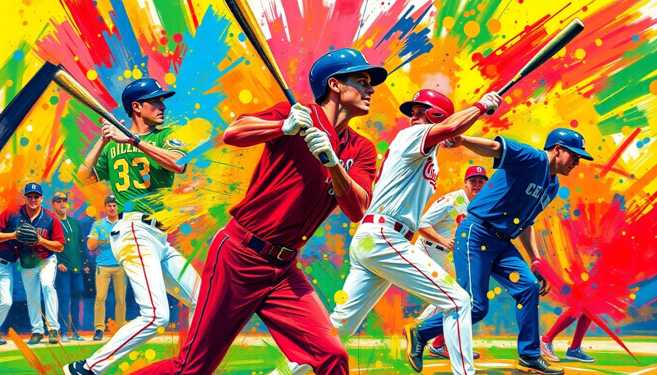 An abstract expressionist painting in vibrant neon colors, capturing the frenetic energy and movement of a college baseball game with players' forms dissolving into colorful brushstrokes.