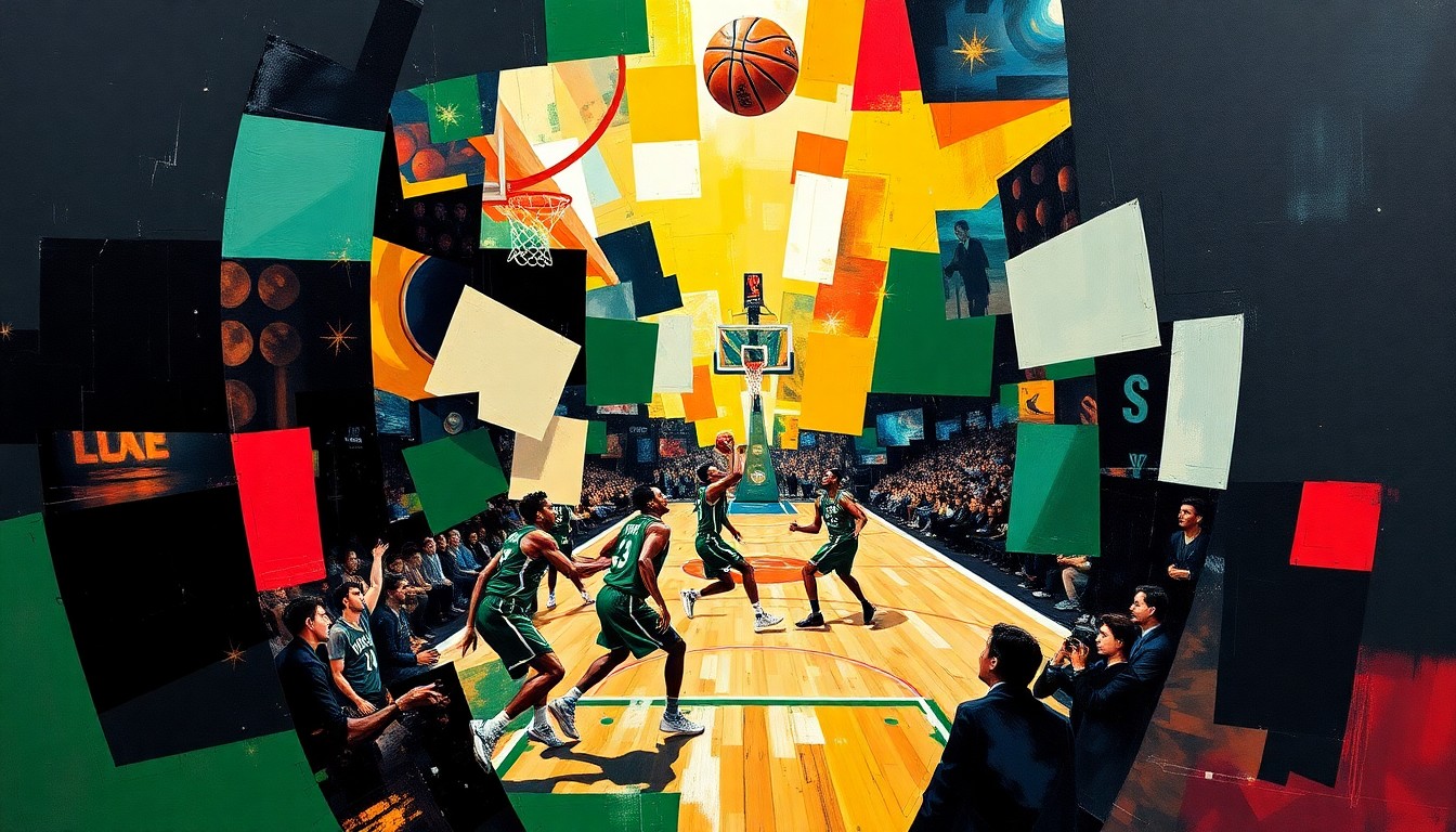 A cubist, geometric painting depicting the action and energy of a basketball game, with the players and court fragmented into sharp, overlapping shapes and planes in the signature style of Pablo Picasso.