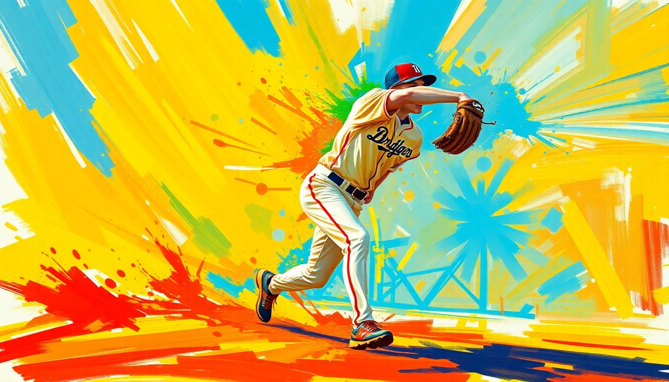 An extreme close-up of a high school baseball pitcher's throwing motion, captured in a vibrant, expressionist style with rapid brushstrokes and neon colors that convey the raw power and athleticism of the sport.
