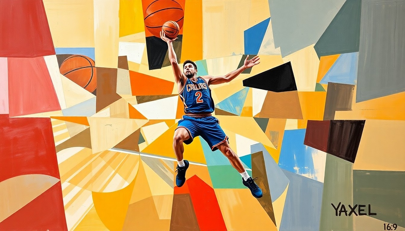 A fragmented, geometric painting depicting a basketball player's movements and skills, with sharp planes of color and form representing the multifaceted nature of the player's game.