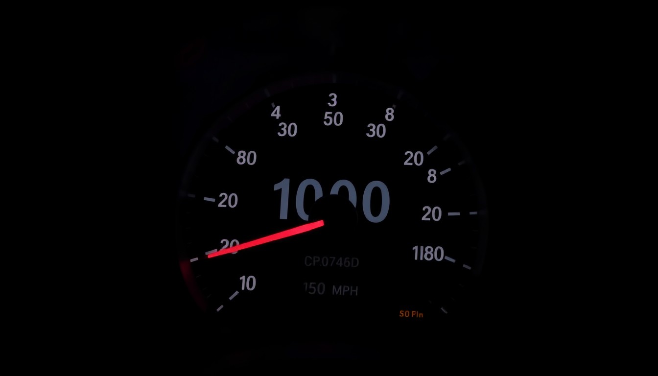 An extreme close-up photograph of a car speedometer needle pegged at 100 mph, lit by a harsh, direct camera flash against a pitch-black background, conveying the dangerous speed and gritty investigative nature of this street racing incident.