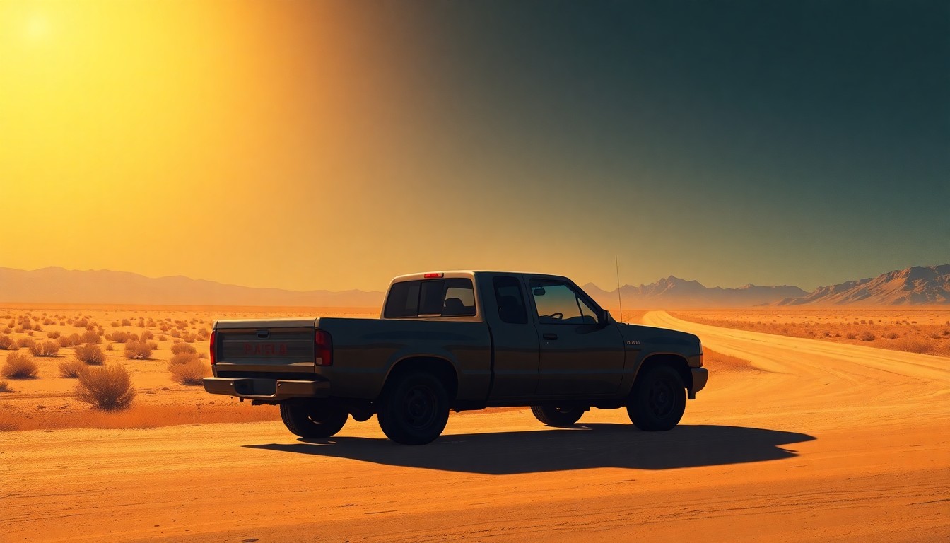 A serene, cinematic painting of a solitary pickup truck parked on a desert road, with warm sunlight and deep shadows creating a contemplative, nostalgic mood around the vehicle.