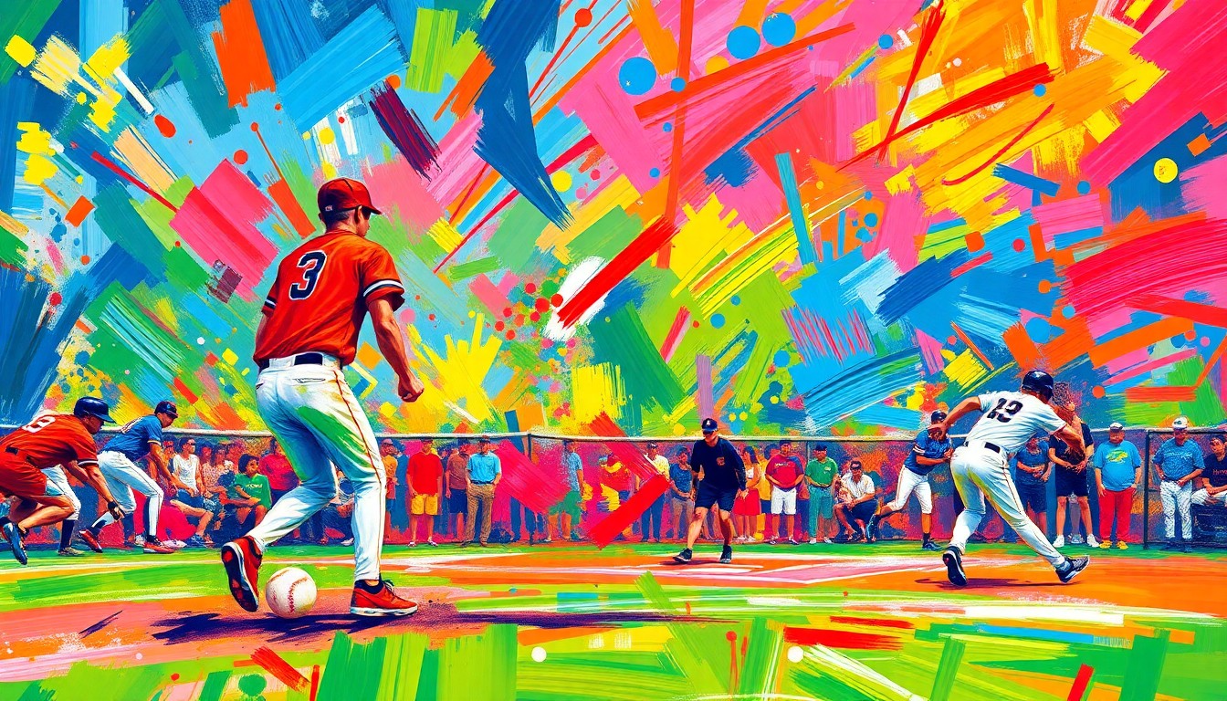 An abstract, energetic painting in the style of LeRoy Neiman, with vibrant brushstrokes and neon colors capturing the intensity and movement of a high school baseball game.
