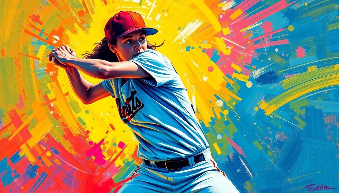 An extreme close-up of a softball pitcher's hand gripping the ball, with vibrant neon-colored paint splatters and expressive brushstrokes capturing the raw power and energy of the pitch.