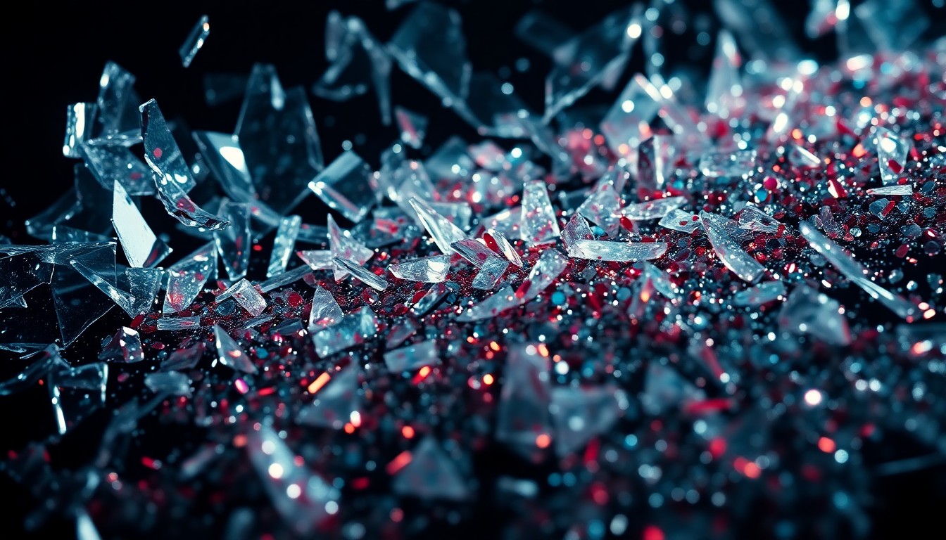 An abstract close-up image of shattered glass and glittering sequins, conveying the emotional complexity of the 'Shrinking' characters' journeys.