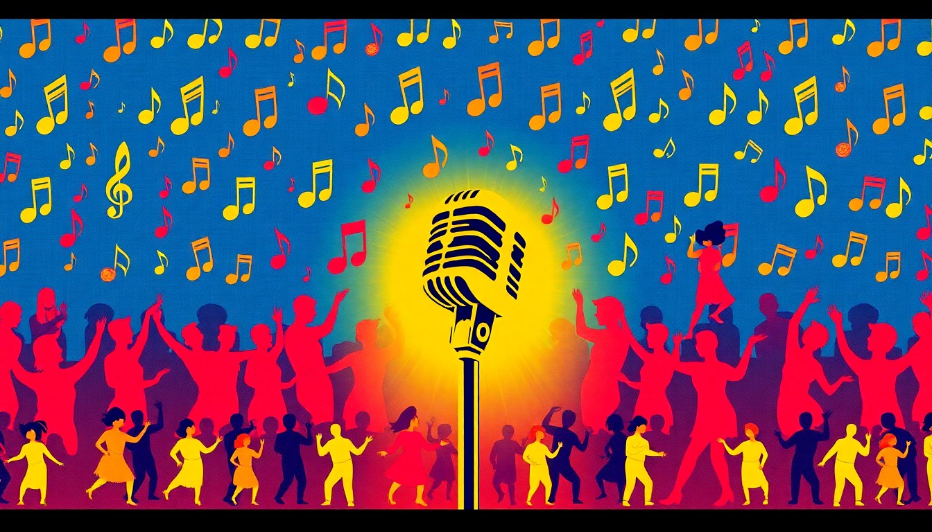 A colorful, abstract silkscreen-style illustration featuring repeating images of a microphone, musical notes, and dancing figures, capturing the lively energy and creative spirit of a university performing arts event.