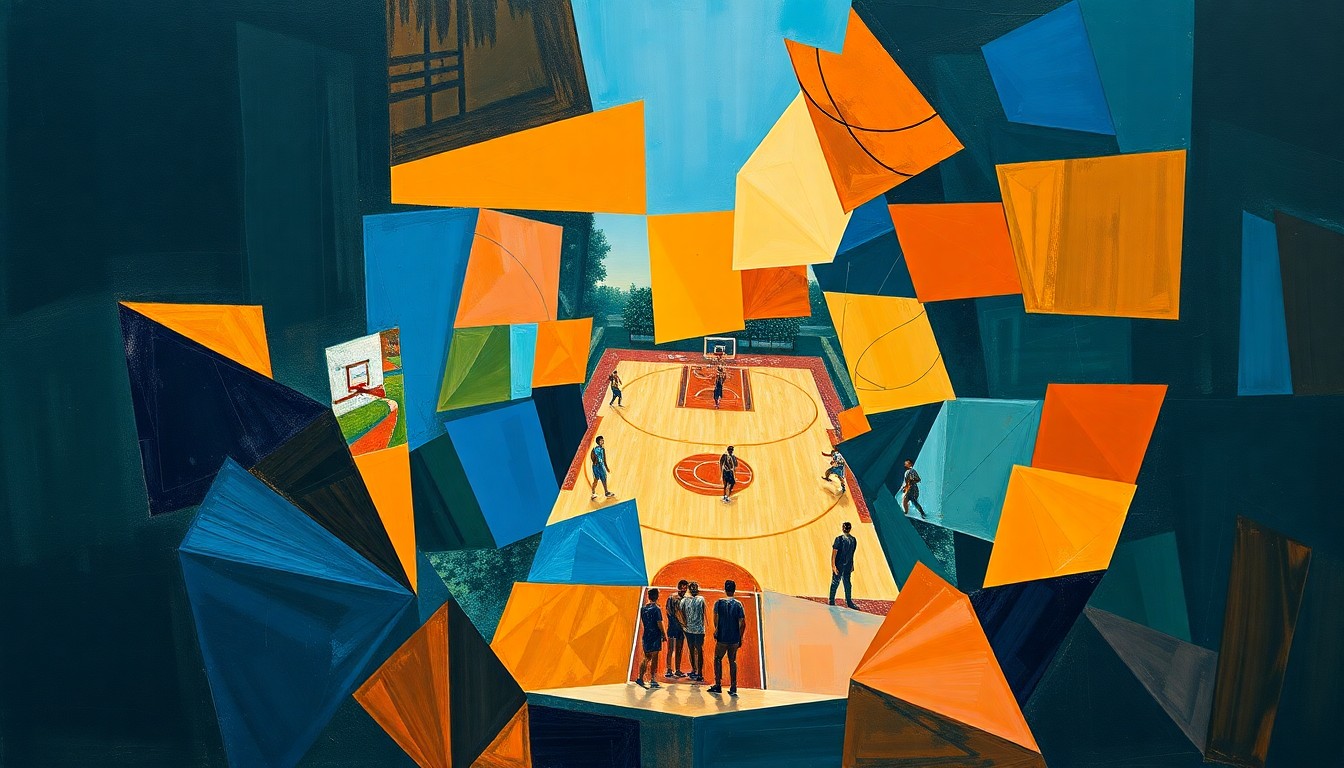 A fragmented, cubist-style painting depicting a basketball game broken down into sharp, overlapping geometric shapes and planes in a palette of deep blues, bright oranges, and muted greens, conveying the conceptual idea of the complexities and lack of transparency around player injuries in professional sports.